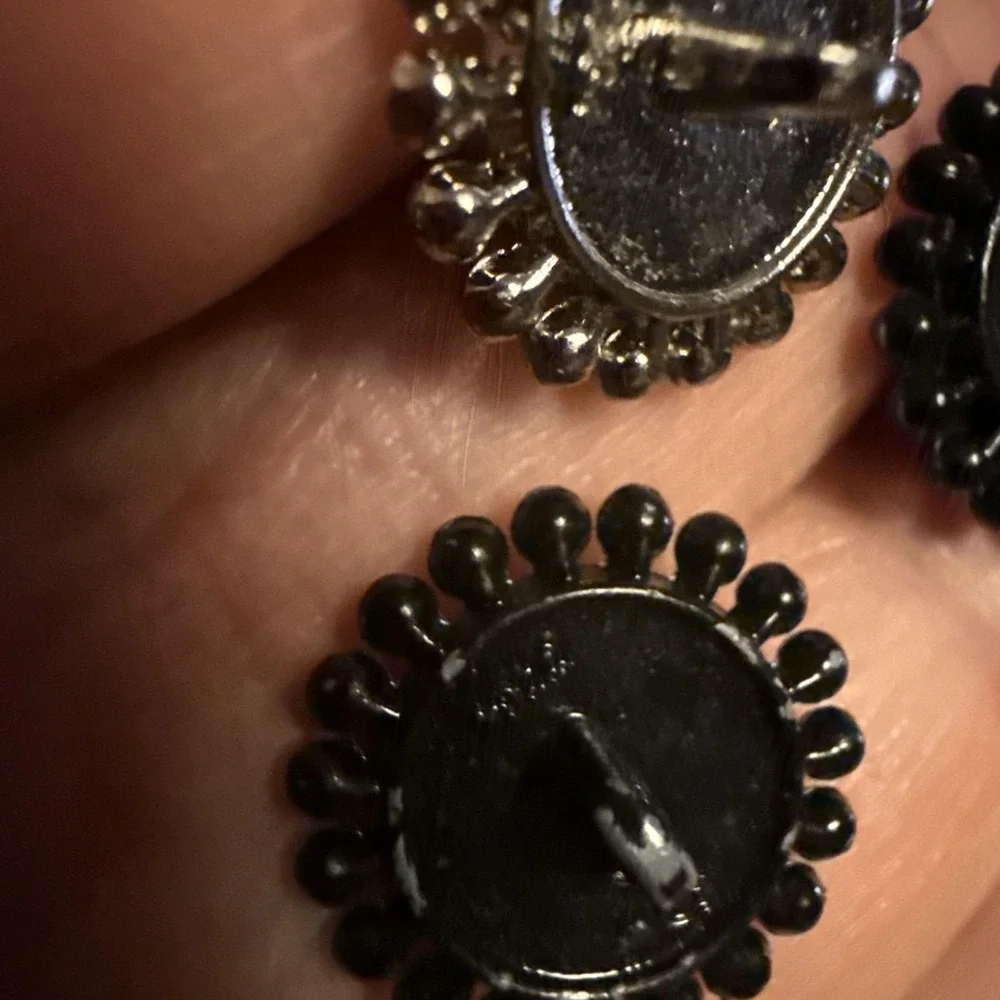Vintage Incredible Rare GlassPainted Shank Buttons-Heart,Bow&Cross-Black/Silver